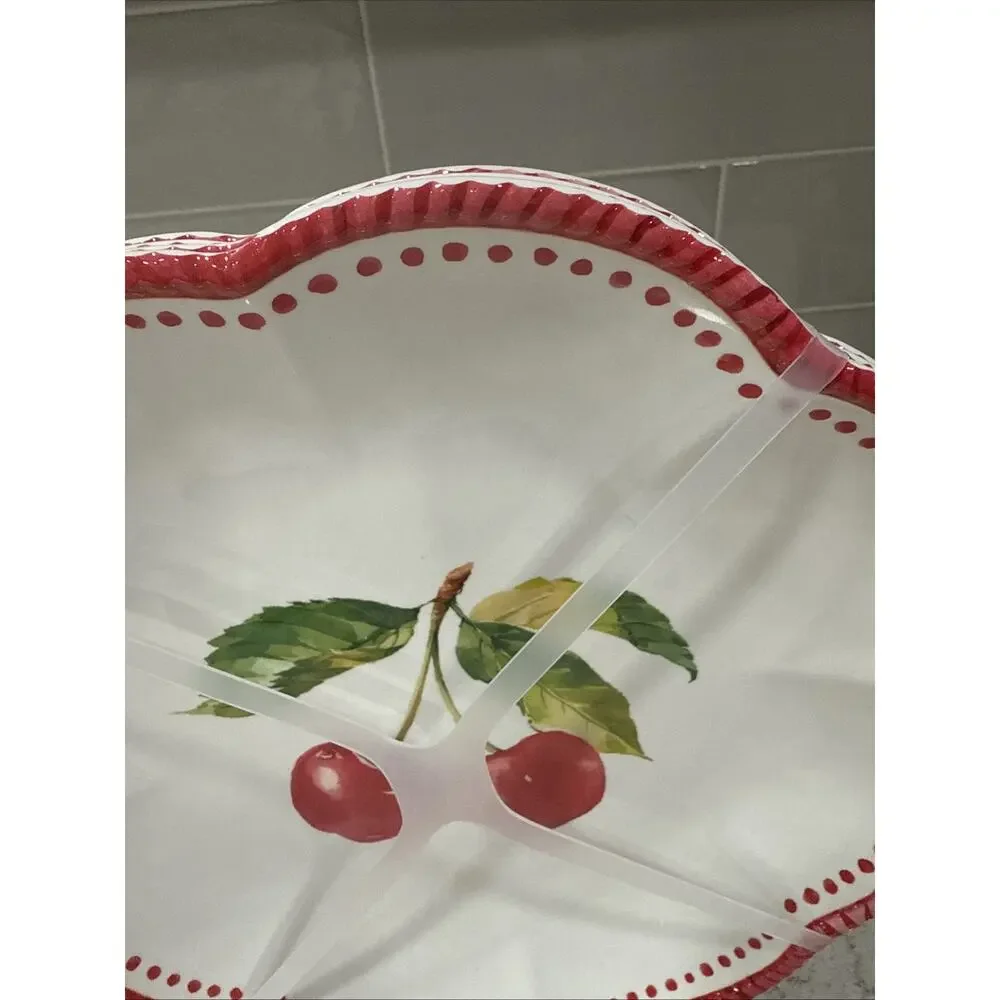 Set 4 CHERRIES 11” Scalloped Dinner Plates Melamine Spring Floral Cherry Fruit
